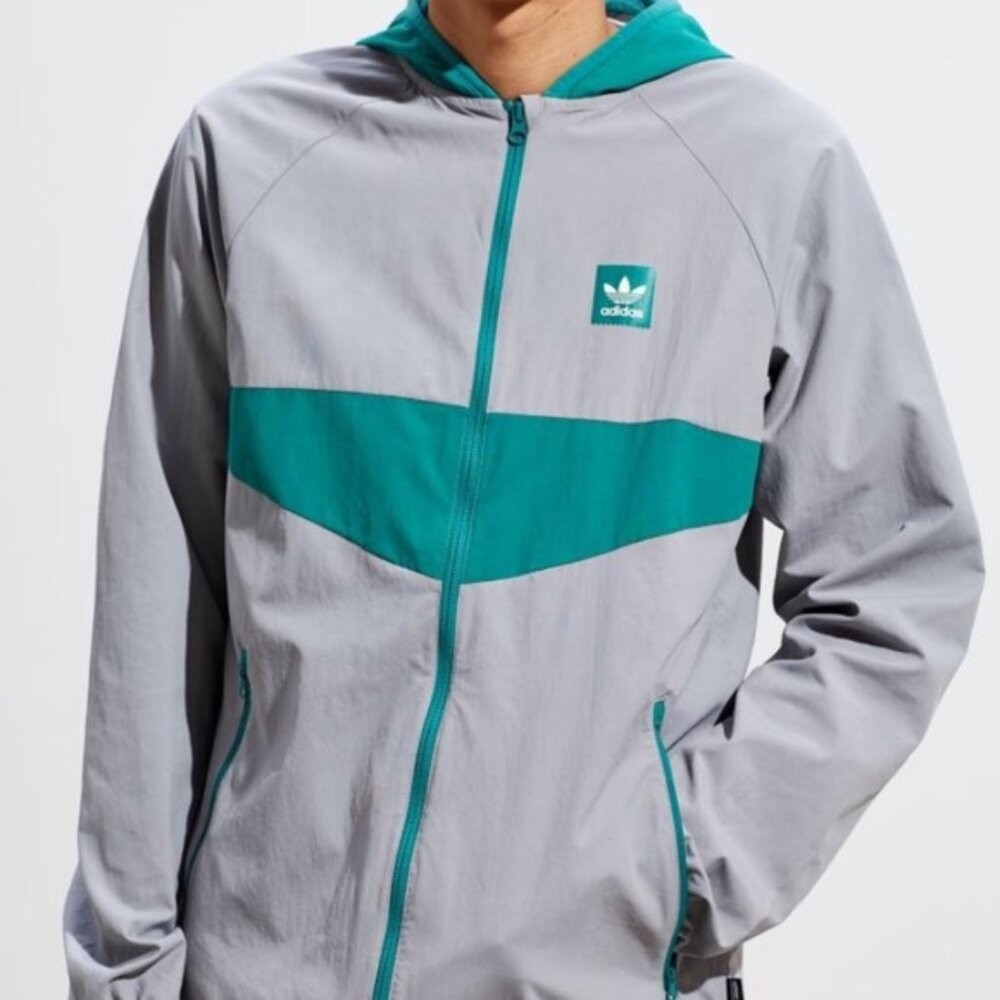 ADIDAS Originals Jacket Mens Small Gray Dekum Packable Hood Windbreaker Trefoil